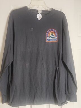 Blue Rain Men’s Long Sleeve T-Shirt in Dark Gray with Multicolor Mountain Patch